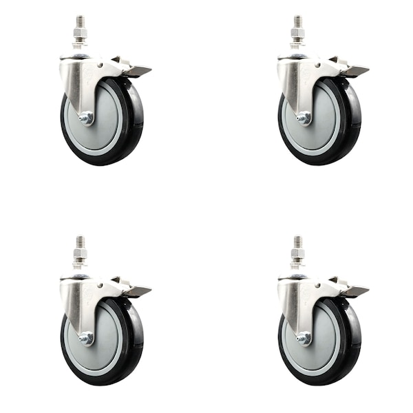 Service Caster 5 Inch 316SS Black Polyurethane Wheel Swivel 1/2 Inch Stem Caster Set Lock Brake SS316TSTTL20S514-PPUB-BLK-121315-4 - main